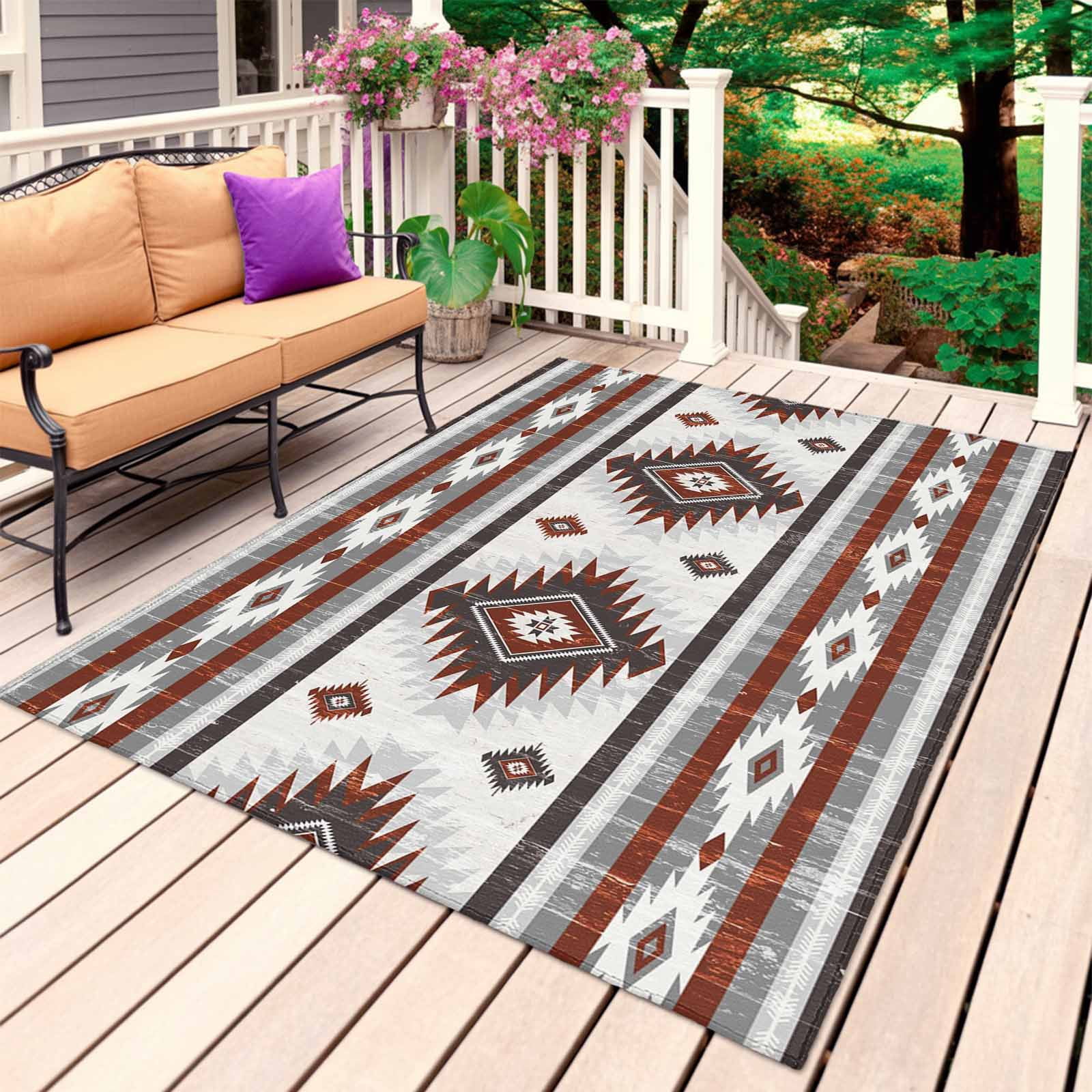 Red Boho Outdoor Rug for Patio/Deck/Porch, Non-Slip Large Area Rug 6 x 9 Ft, Southwestern Ethnic Aztec Retro Geometric Indoor Outdoor Rugs Washable Area Rugs, Reversible Camping Rug Carpet Runner
