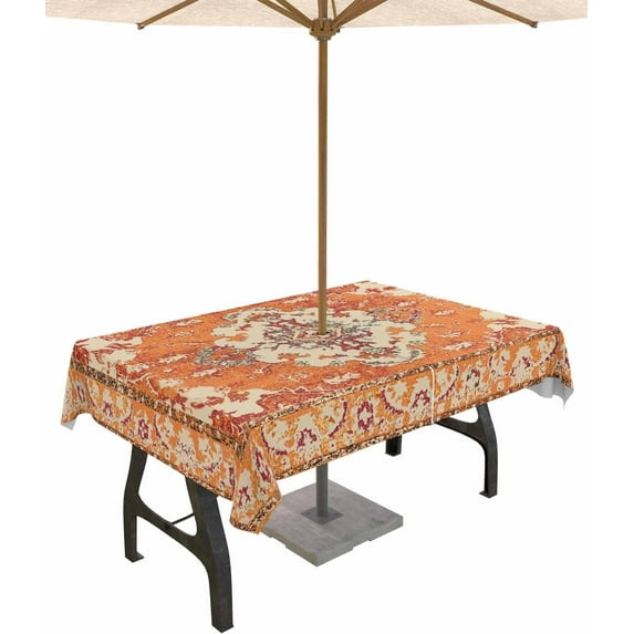 Red Boho Outdoor Tablecloth - 60x60 Inch Square Dining Table Cover, Southwestern Vintage Geometric Art Waterproof Outdoor Table Cloth with Umbrella Hole & Zipper for Picnic/Patio/Party