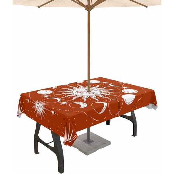 Red Boho Outdoor Tablecloth with Umbrella Hole Rectangle, Modern Abstract Bohemia Sun Moon Waterproof Table Cloth Washable Wipeable Cover Spill Proof for Patio Spring Summer Picnic BBQ 60"x84"