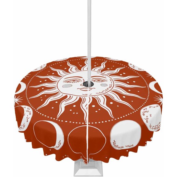 Red Boho Outdoor Tablecloth with Umbrella Hole Round, Modern Abstract Bohemia Sun Moon Waterproof Table Cloth Washable Wipeable Cover Spill Proof for Patio Spring Summer Picnic BBQ 60"