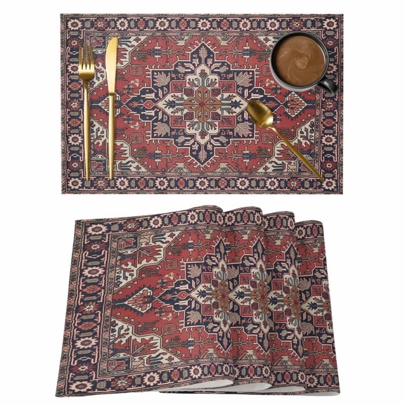 Red Boho Placemats Set of 12, Southwest Aztec Ethnic Abstract Patterned Placemats for Dining Table, Place Mats for Kitchen Tabletop, Waterproof Wipeable Dining Table Mats Set