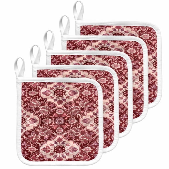 Red Boho Pot Holders for Kitchen Heatproof Potholder, 5 Pack Ethnic Tribal Abstract Traditional Floral Hot Pads Multipurpose Oven Pads Cloth Potholders Trivet for Cooking Baking