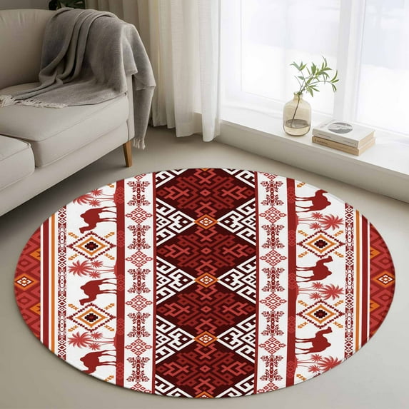 Red Boho Round Area Rug 4Ft Washable Circle Rugs for Bedroom Dining Room, Southwestern Aztec Palm Tree Animals Patterned Non-Slip Carpet Floor Mats Indoor Outdoor Carpet Runner Aesthetic Home Decor