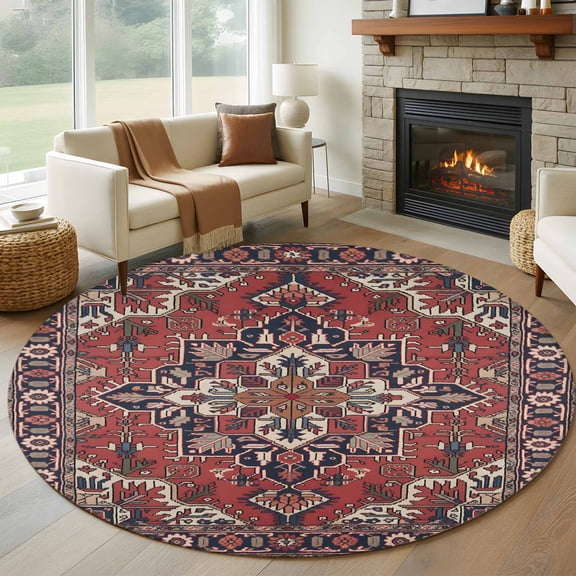 Red Boho Round Area Rug 6Ft Washable Circle Rugs for Bathroom Office, Southwest Aztec Ethnic Abstract Patterned Non-Slip Carpet Floor Mats Indoor Outdoor Carpet Runner Aesthetic Home Decor