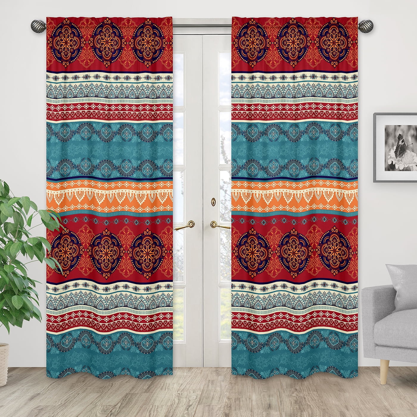 Red Boho Mandala Sheer Polyester Window Panels for Kids