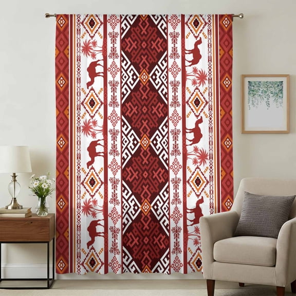 Red Boho Sheer Curtains 45 Inches Long, Southwestern Aztec Palm Tree Animals Patterned Light Filering Curtains, Breathable Simi Curtain Privacy Drapes for Kitchen Bathroom Small Window Treatment