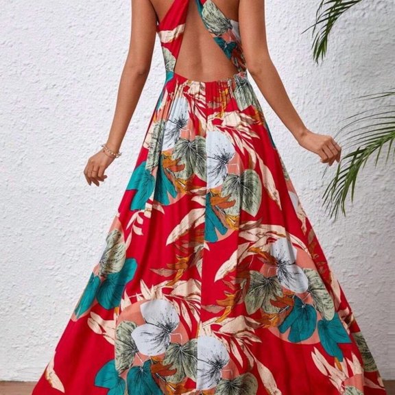 Red Boho Sleeveless Halter Backless High-Slit Floral Print Maxi Dress