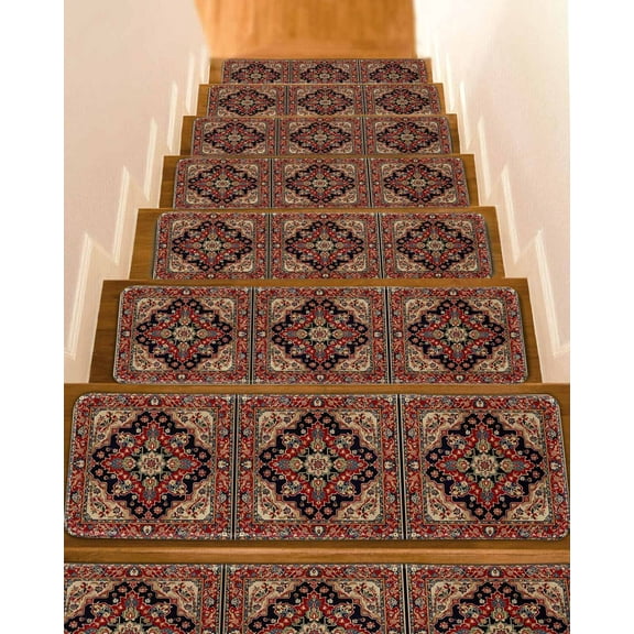 Red Boho Stair Treads for Wooden Steps Indoor Runner Rug Carpet, Contemporary Abstract Ethnic Retro Geometric 4 Pieces Peel and Stick Staircase Step Treads Covers Washable Throw Door Mats, 30"x8"