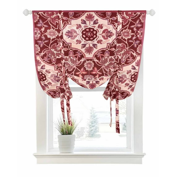 Red Boho Tie Up Curtains for Window, Thermal Insulated Balloon Shade Adjustable Rod Pocket Curtains Valance Panels for Kitchen Bathroom Cafe 52 x 45 Ethnic Tribal Abstract Traditional Floral