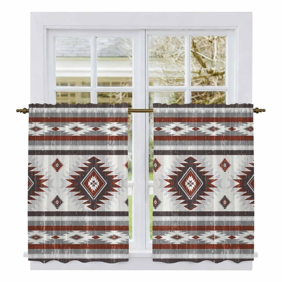 Red Boho Tier Curtains, Southwestern Ethnic Aztec Retro Geometric Light Filtering Kitchen Curtains, 2Pcs Rod Pocket Half Window Treatments Panels for Sink Cafe Cabinet Basement 27.5x45 Inches