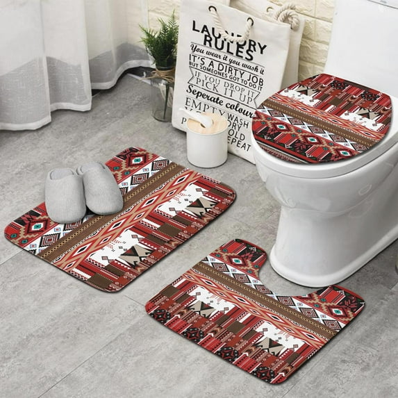 Red Boho Tribal Diamonds and Rectangles Pattern Bathroom Rugs Sets 3 Piece,Toilet Cover Set,Absorbent Non Slip Bathroom Mats Sets with U-Shaped Contour Rug Toilet Rug Set
