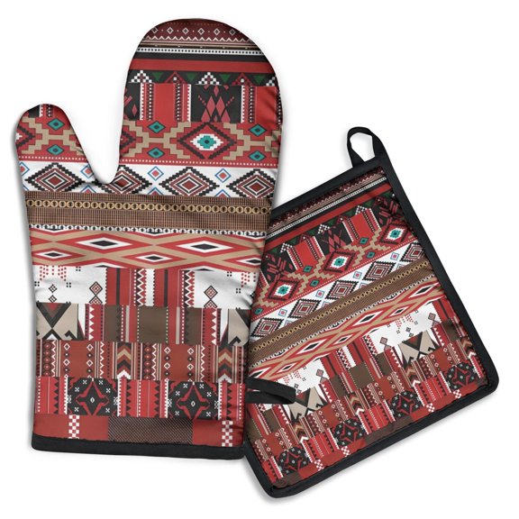 Red Boho Tribal Diamonds and Rectangles Pattern Kitchen Oven Mitt and Pot Holder Sets 2 Pcs for Baking, Cooking and Grilling, Heat Resistant Up To 392 °F