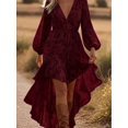 thumbnail image 1 of Red Boho Velvet High-Low Dress, V-Neck Long Sleeve Ruffle Hem Flowy Maxi Dress For Women, 1 of 3