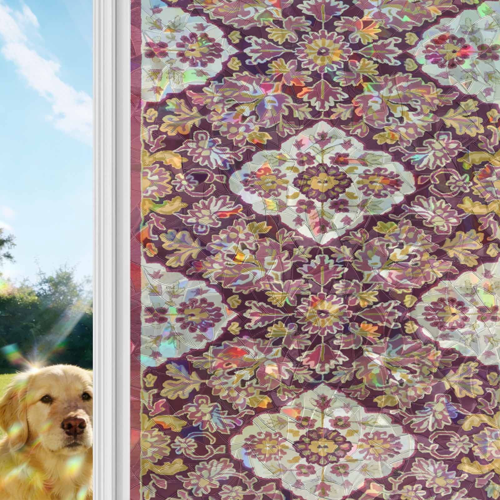 Red Boho Window Privacy Film Stain Glass,Reusable Decorative Rainbow Window Film,Country Vintage Aesthetic Ethnic Aesthetics Static Cling Sun Blocking Stickers Decals Covers 19.6" x 39.3" (2pcs)
