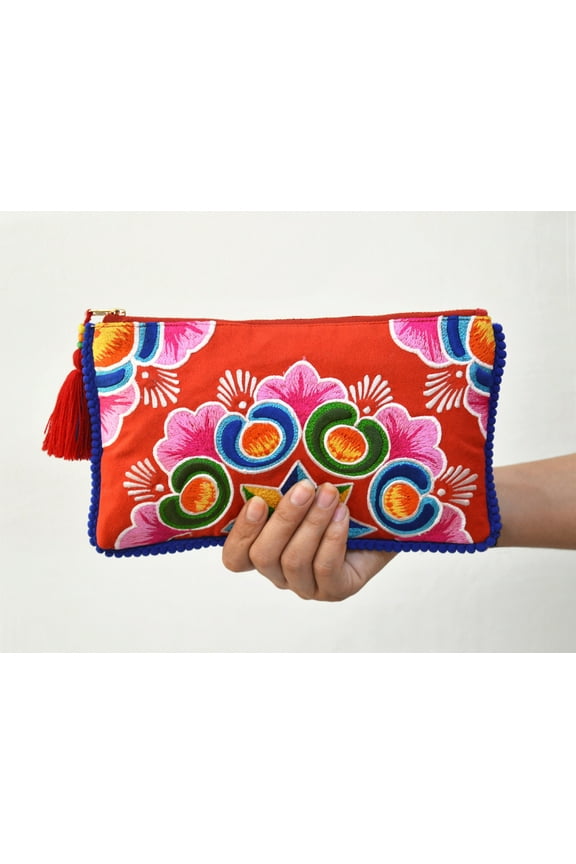 Red Boho clutch, embroidered, mandala pattern, 5X9 inches