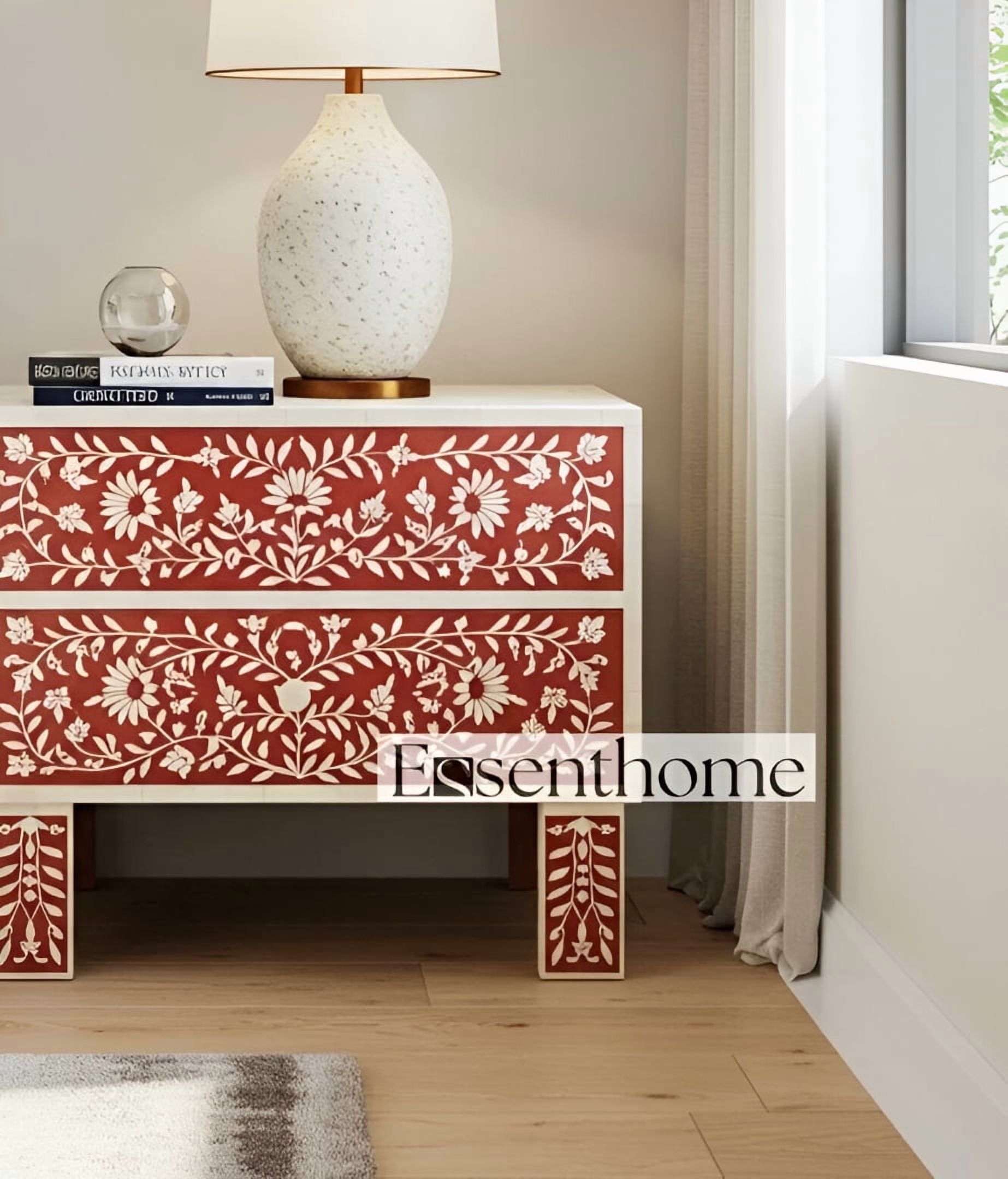 Bedside Table Patterned Red Bone Inlay Bedside Table Floral Pattern 2 Drawer Handmade Accent ...