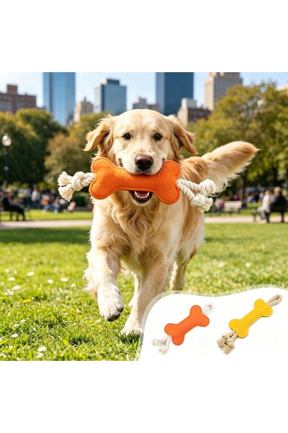 Red Bone Shaped Nonwoven Dog Rope Chew Toy, Quiet Textured Teething Tug Toy with Knotted Cotton Rope Ends, Gentle Oral Cleaning Interactive Play Toy for Puppies Small Dogs Apartment Quiet Play