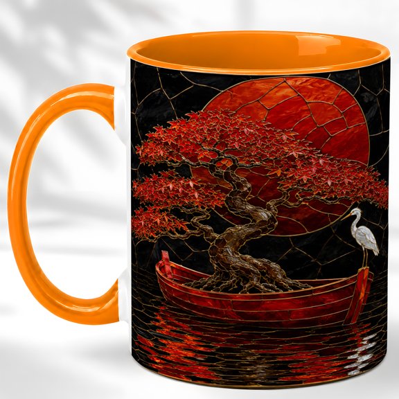 Red Bonsai Tree Coffee Mug, Moonlit Heron Mug, Ceramic 11 oz