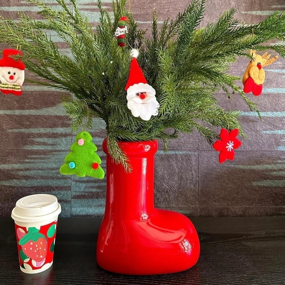 Red Boot Christmas Vase, 8 Inch Ceramic Decorative Vases for Home Decor
