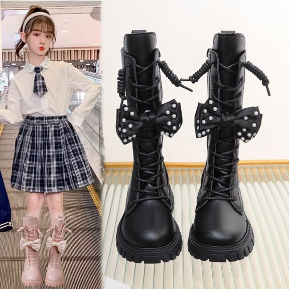 Red Boots,Children Play Boots Autumn Fashion for Girls Flat Sole PU Shoes for Outdoor,Boots Knee High,01 Black,11-11.5 Years