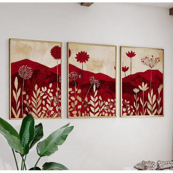 Red Botanical Abstract Floral Wall Art Triptych Set 3 Unframed Paper Print 8x12