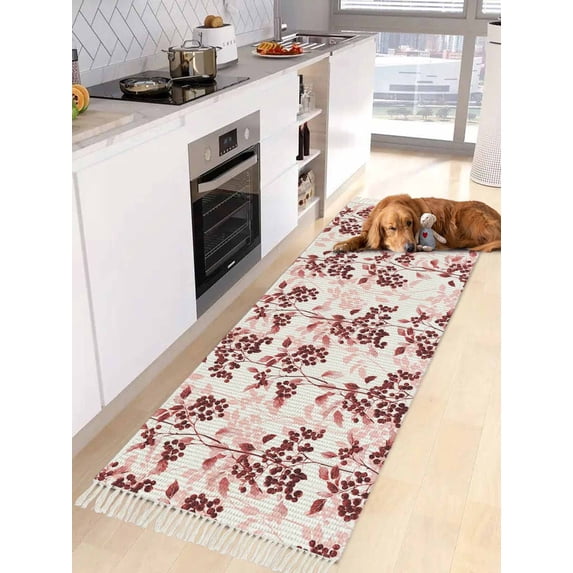 Red Botanical Entryway Runner Rug 2x4ft, Vintage Nature Flower Floral Washable Woven Living Room Hallway Bedroom Kitchen Carpet with Tassels, Non-Shedding Indoor Outdoor Throw Door Mat for Entryway