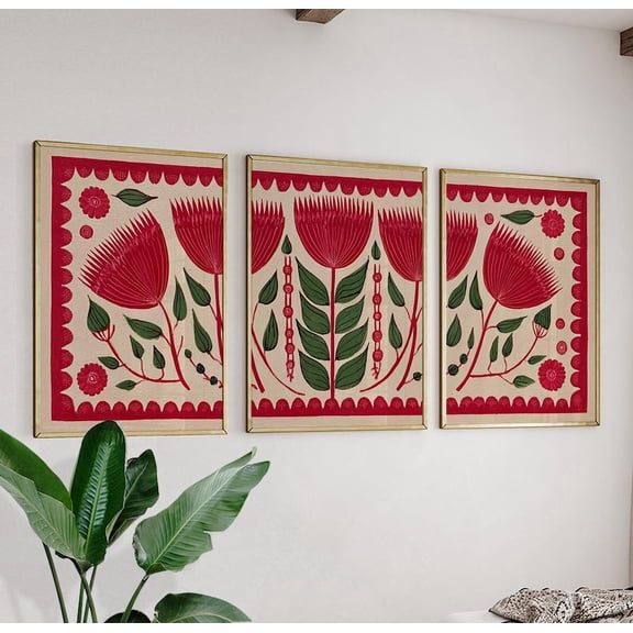Red Botanical Floral Folk Style Triptych Vintage Nature Art Set 3 Stretched Canvas 8x12