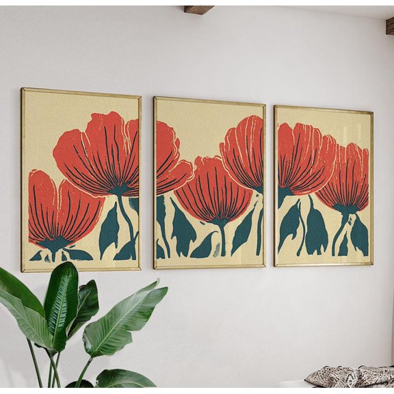 Red Botanical Floral Vintage Style Flower Triptych Version Two, Poster Only