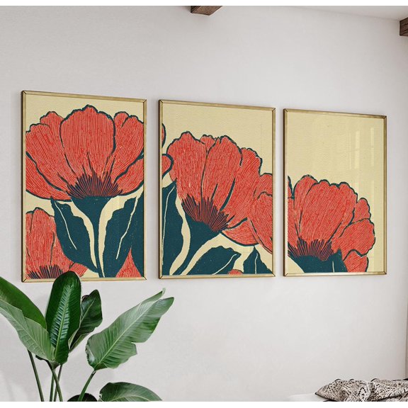 Red Botanical Floral Wall Art Posters Vintage Style Flower Triptych Prints Set 3