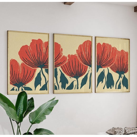 Red Botanical Floral Wall Art Vintage Style Flower Prints Triptych Version 2 Set 3 Unframed Paper Print 8x12