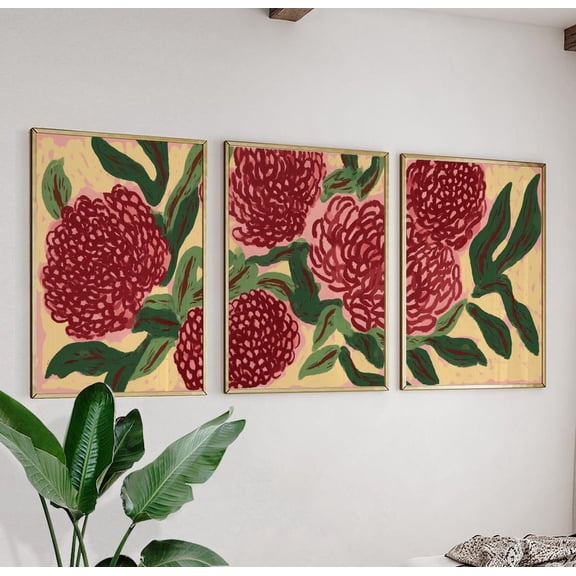 Red Botanical Graphic Floral Modern Pattern Triptych Set 3 Unframed Paper Print 8x12