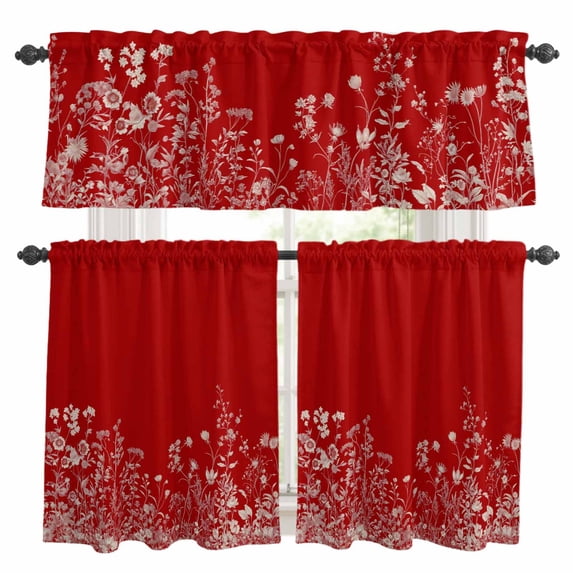 Red Botanical Kitchen Curtains Sets for Windows 36 Inch Length, Farmhouse Spring Summer Flower Rod Pocket Window Treatments Tier Curtains and Valances Set for Bedroom/Bathroom