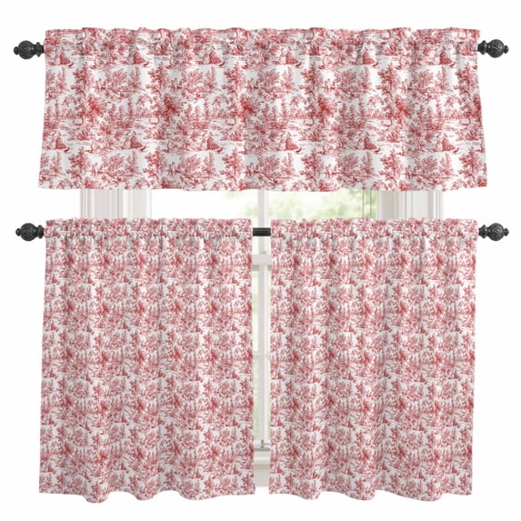 Red Botanical Kitchen Curtains Sets for Windows 36 Inch Length, Watercolor Rustic Tree Abstract Rod Pocket Window Treatments Tier Curtains and Valances Set for Bedroom/Bathroom