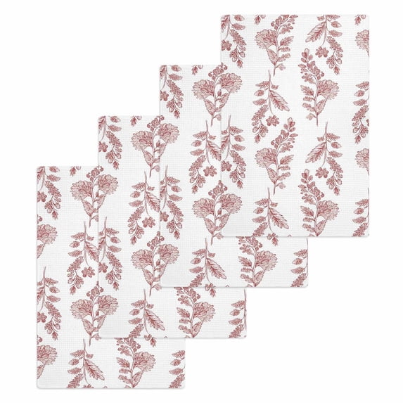 Red Botanical Kitchen Dish Towels for Drying Dishes Set of 4, Pastoral Elegant Spring Floral Waffle Weave Microfiber Hand Tea Bathroom Towels Quick Dry & Absorbent Towel 15.7x23.6
