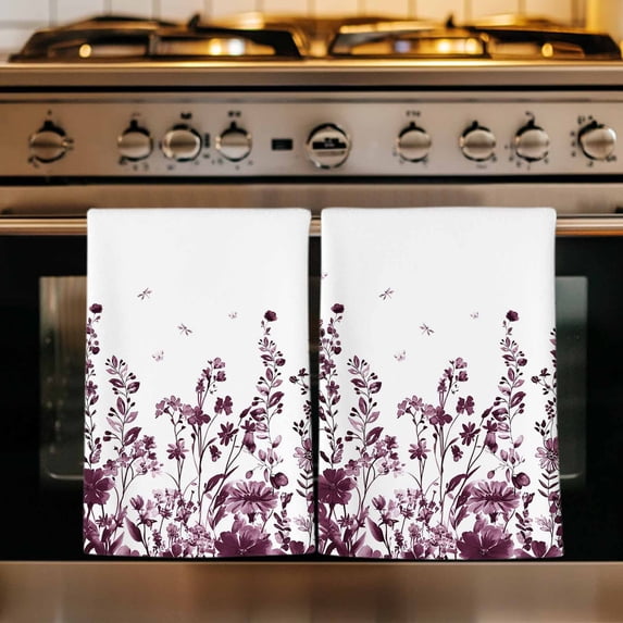 Red Botanical Kitchen Towels Set of 4, Dragonfly Flower Leaf Retro Chinese Absorbent Dish Towels for Kitchen, Microfiber Hand Towel, Quick Drying Tea Towel for Cleaning Decorative Dishcloths