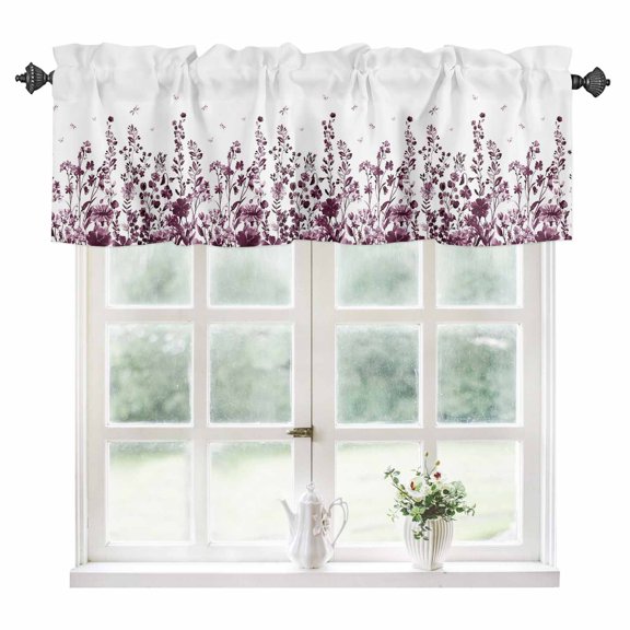Red Botanical Kitchen Valances for Windows 42x12 Inch Kitchen Curtains Valances Rod Pocket Dragonfly Flower Leaf Retro Chinese Bathroom Window Valances for Window Treatment Decor