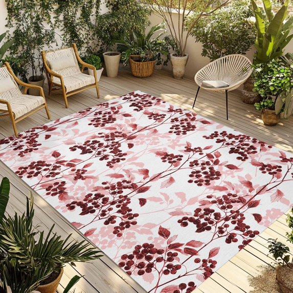 Red Botanical Outdoor Rug 5x8 Ft - Reversible Patio Rug Outdoor Camping Rugs, Vintage Nature Flower Floral Washable Indoor Outdoor Area Rugs, Non-Slip Outdoor Carpet Runner for Deck/Porch