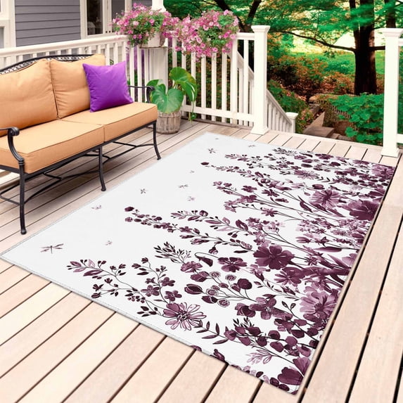 Red Botanical Outdoor Rug for Patio/Deck/Porch, Non-Slip Large Area Rug 6 x 9 Ft, Dragonfly Flower Leaf Retro Chinese Indoor Outdoor Rugs Washable Area Rugs, Reversible Camping Rug Carpet Runner