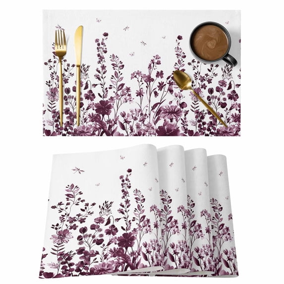 Red Botanical Placemats Set of 4 Dragonfly Flower Leaf Retro Chinese Place Mats Indoor Wipeable Table Mats Washable Cloth Dining Table Placemats for Kitchen Holiday Party Home Decor 13x19 Inch