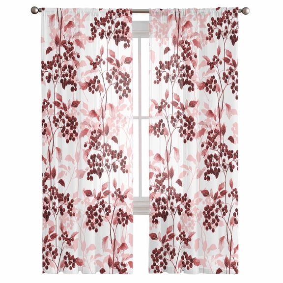 Red Botanical Semi Sheer Curtains 108 Inch Length 2 Panels Set, Vintage Nature Flower Floral Sheer Kitchen Curtain Privacy Voile Window Curtain for Living Room Bedroom Rod Pocket Drapes
