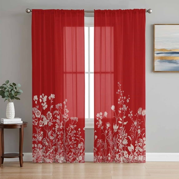 Red Botanical Sheer Curtains 108 Inch Length 2 Panels Set, Farmhouse Spring Summer Flower Voile Window Treatment Semi Sheer Long Curtains Drapes for Bedroom/Living Room/Kitchen 52"x108"x2