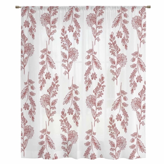 Red Botanical Sheer Curtains 63 Inches Long, Pastoral Elegant Spring Floral Light Filering Curtains, Breathable Simi Curtain Privacy Drapes for Living Room Bedroom Lightweight Window Treatment