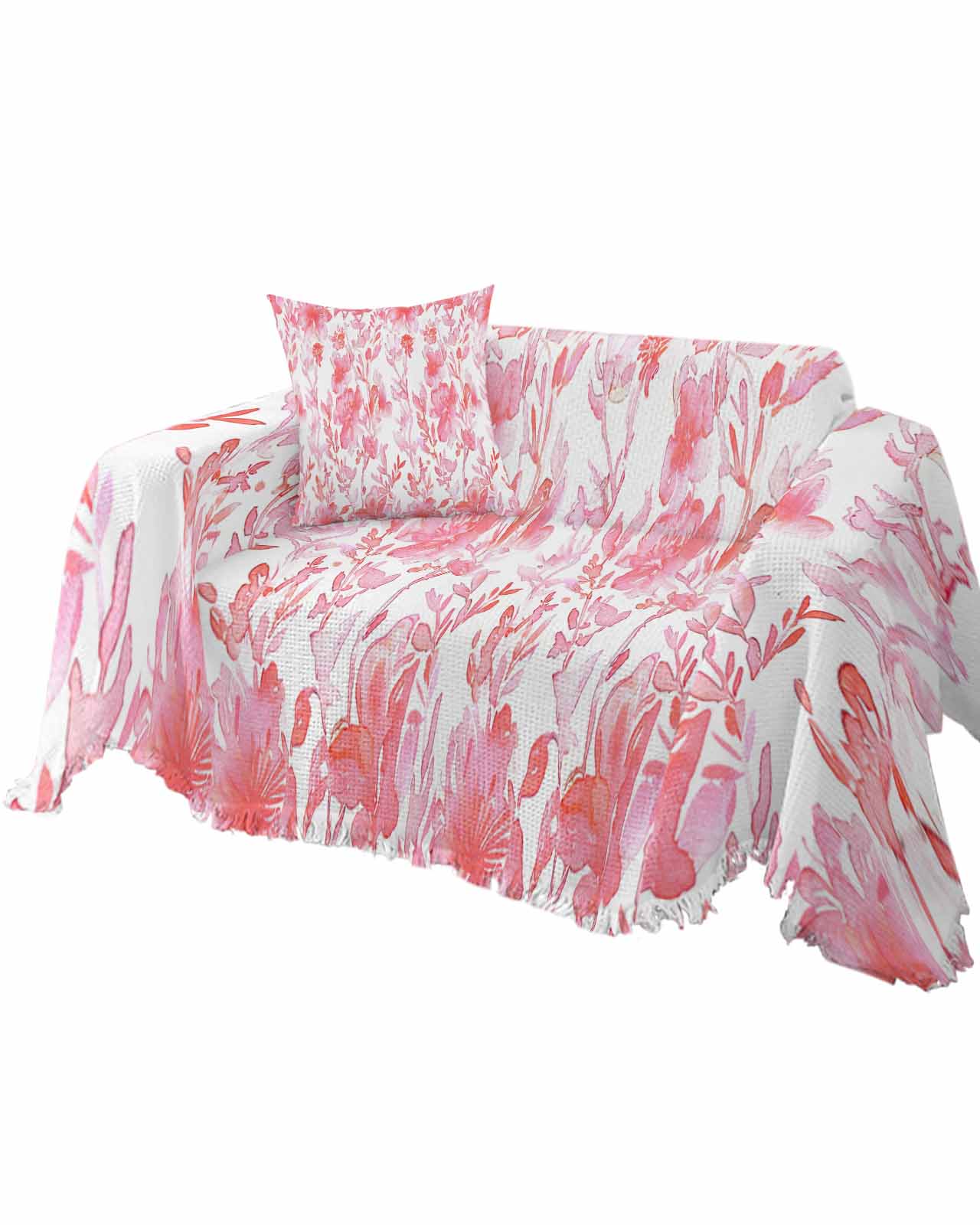 Red Botanical Sofa Couch Covers for Dog,Washable Sectional Couch Slipcoverfor Loveseat with Tassels,Abstract Watercolor Floral Leaves Plant Non Slip Sofa Throw Cover Blanket Large 71''x102''