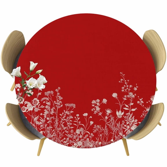 Red Botanical Table Cloth, Round Fitted Tablecloths with Elastic Edge, Farmhouse Spring Summer Flower Wipeable Waterproof Table Cover for Kitchen Wedding 36-44 Inches