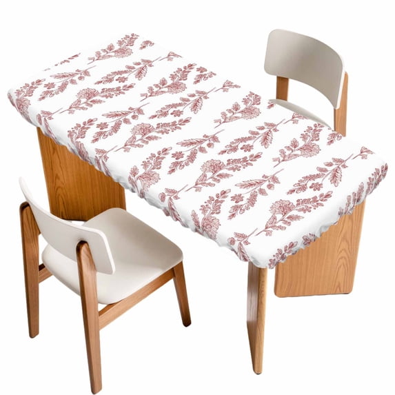 Red Botanical Table Cloths for 4 Foot Rectangle Tables, Pastoral Elegant Spring Floral Patio Waterproof Elastic Fitted Tablecloths, Washable Rectangular Table Cover for Camping