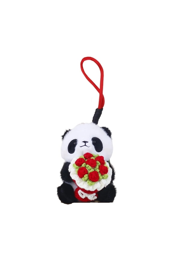 Red Bouquet Keychain Panda Embracing Roses Plush Pendant Crochet Flower Bag Charm Toy Doll