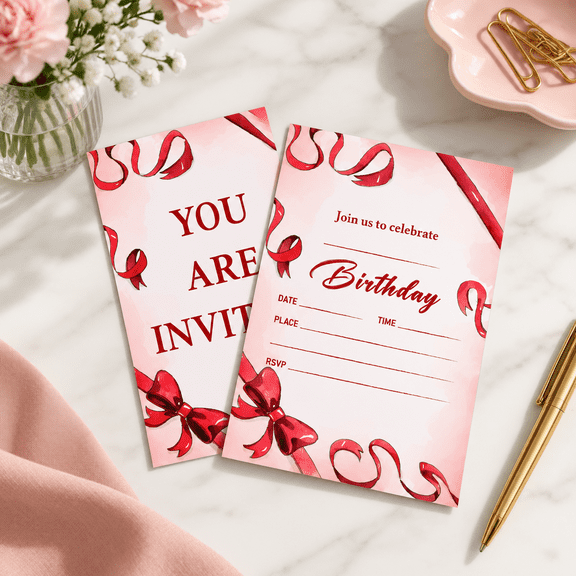 Red Bow 4x6 Inch Birthday Party Invitation Cards with Envelopes, Set of 20