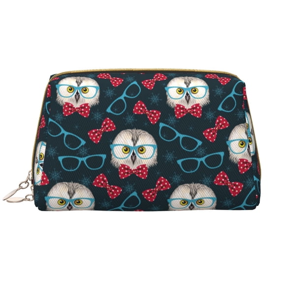 Red Bow Blue Glasses Owl Makeup Bag, Leather Waterproof Travel Toiletry Bag, Large Capacity Cosmetic Bag Make up Bags Organizer fro Travel Size Toiletries Women Girls