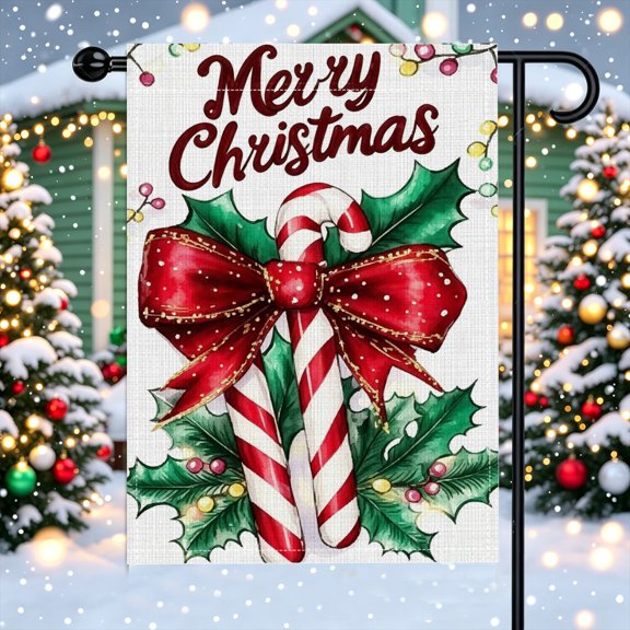 Red Bow Candy Cane Xmas Garden Flag, Polyester,12x18 inch, Double Sided, Striped Candy Holiday Backyard Decoration