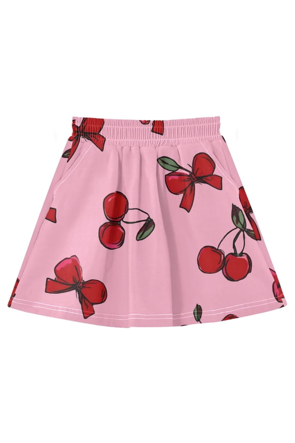 Red Bow Cherry Pattern Cotton Skirt Built-in Liner Elastic A-Line Flared Skirt with Pockets